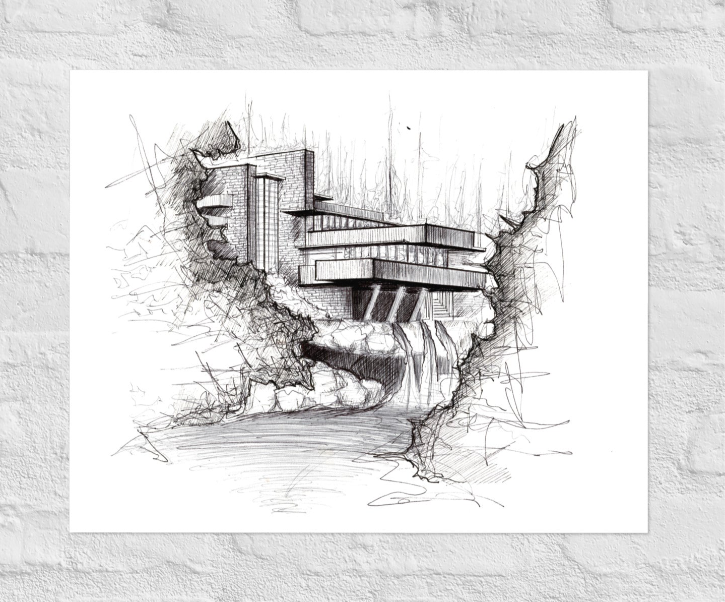 Black and white architectural drawing of a building integrated into a natural landscape.