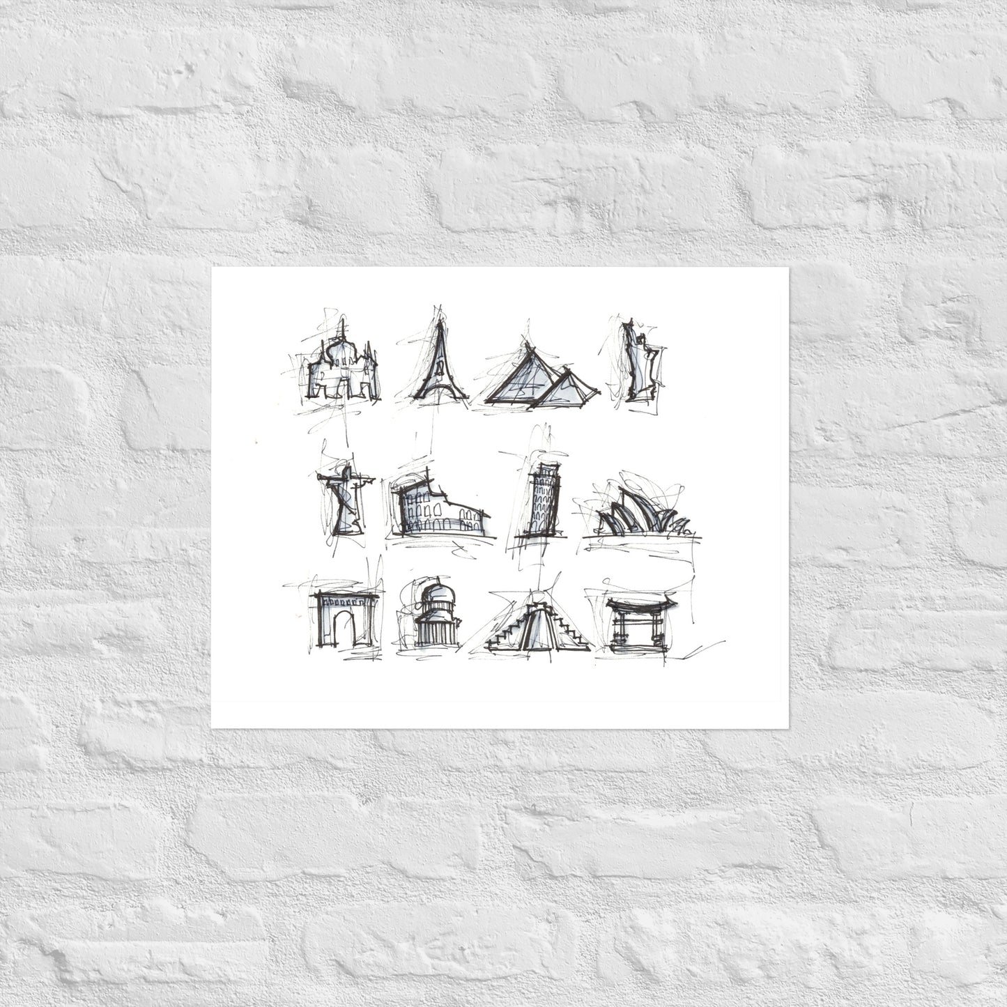 Famous Landmarks Ink Drawing