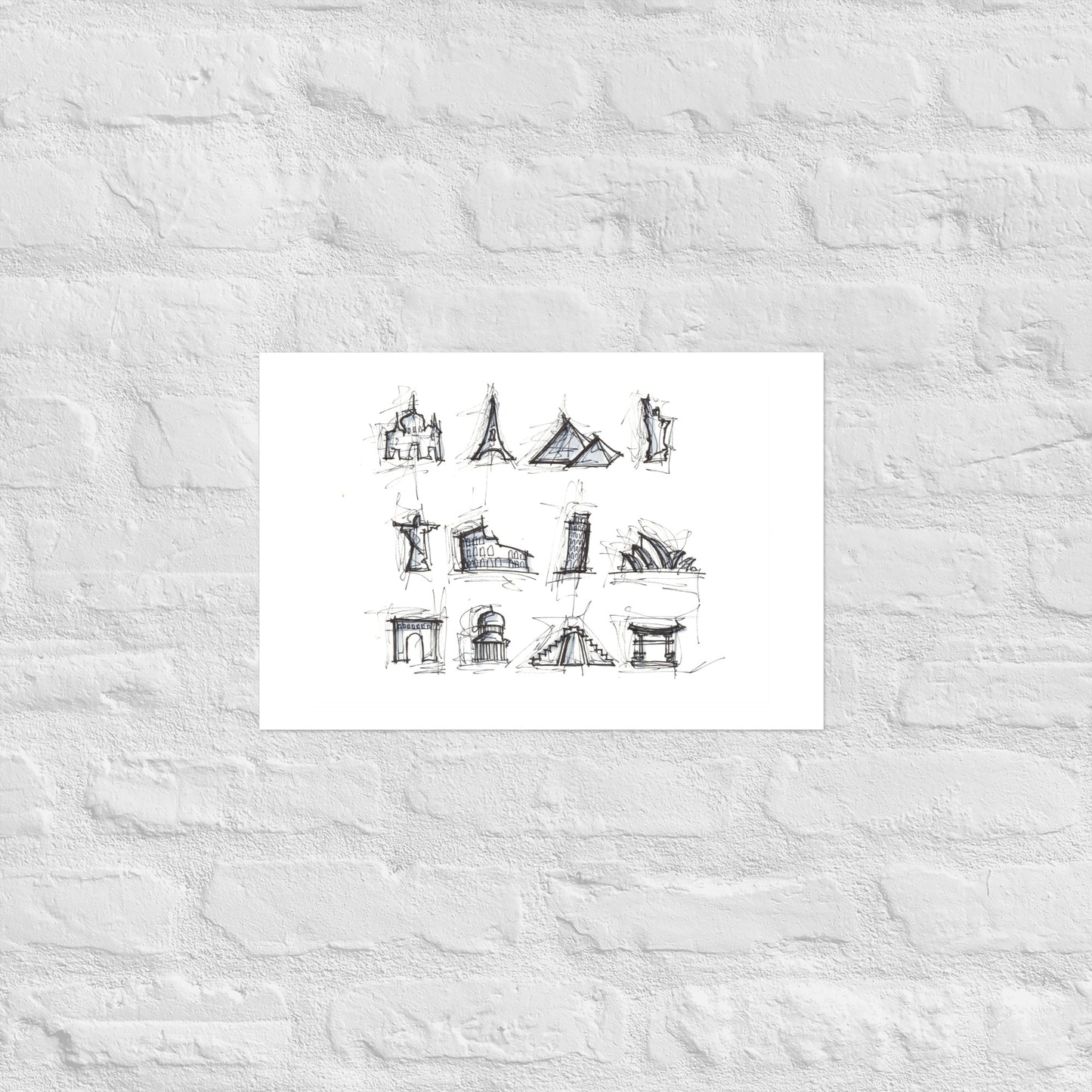 Famous Landmarks Ink Drawing