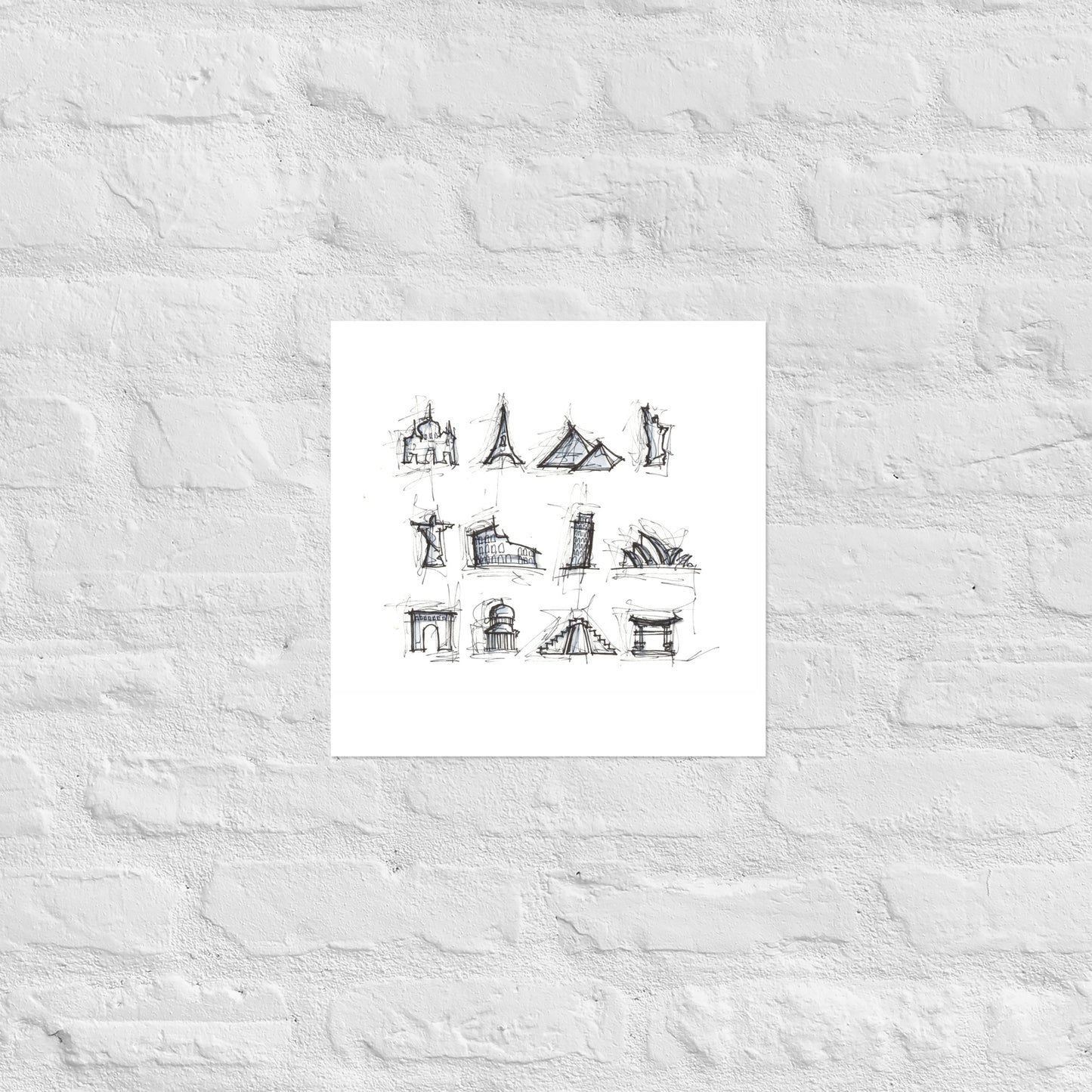 Famous Landmarks Ink Drawing