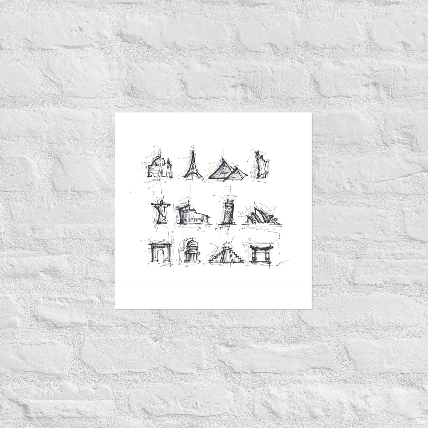 Famous Landmarks Ink Drawing