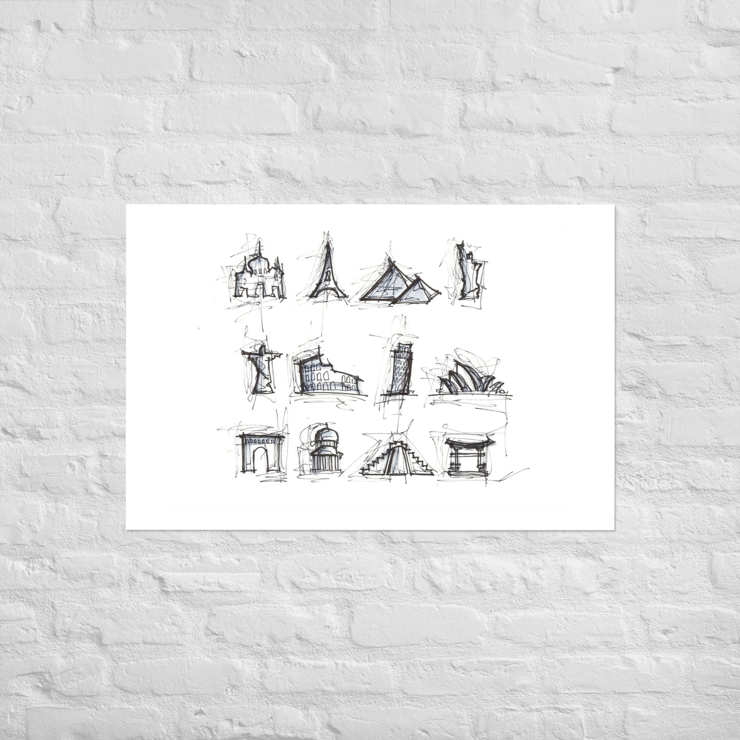 Famous Landmarks Ink Drawing